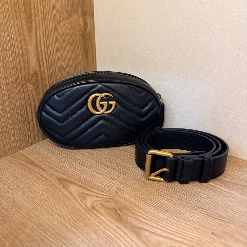 Gucci Marmont黑金牛皮腰包-0
