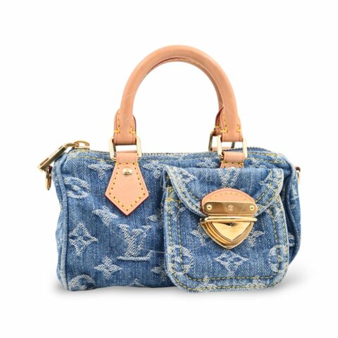 中古 Louis Vuitton 路易威登 LV Nano Speedy 牛仔藍金色五金 M82950 雙用斜挎手袋