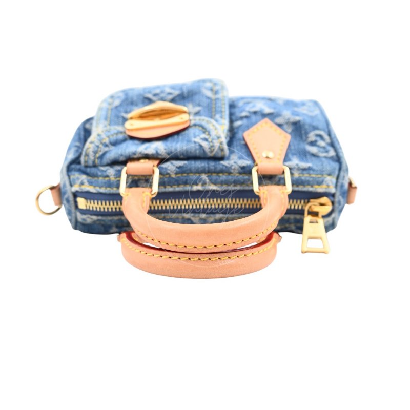 中古 Louis Vuitton 路易威登 LV Nano Speedy 牛仔藍金色五金 M82950 雙用斜挎手袋-2