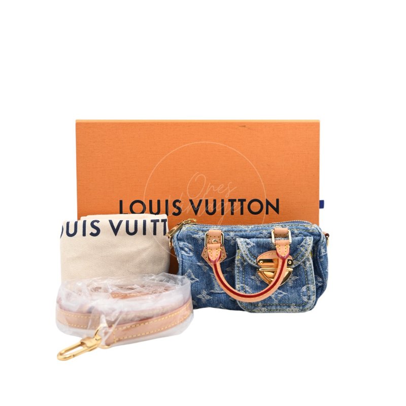 中古 Louis Vuitton 路易威登 LV Nano Speedy 牛仔藍金色五金 M82950 雙用斜挎手袋-4