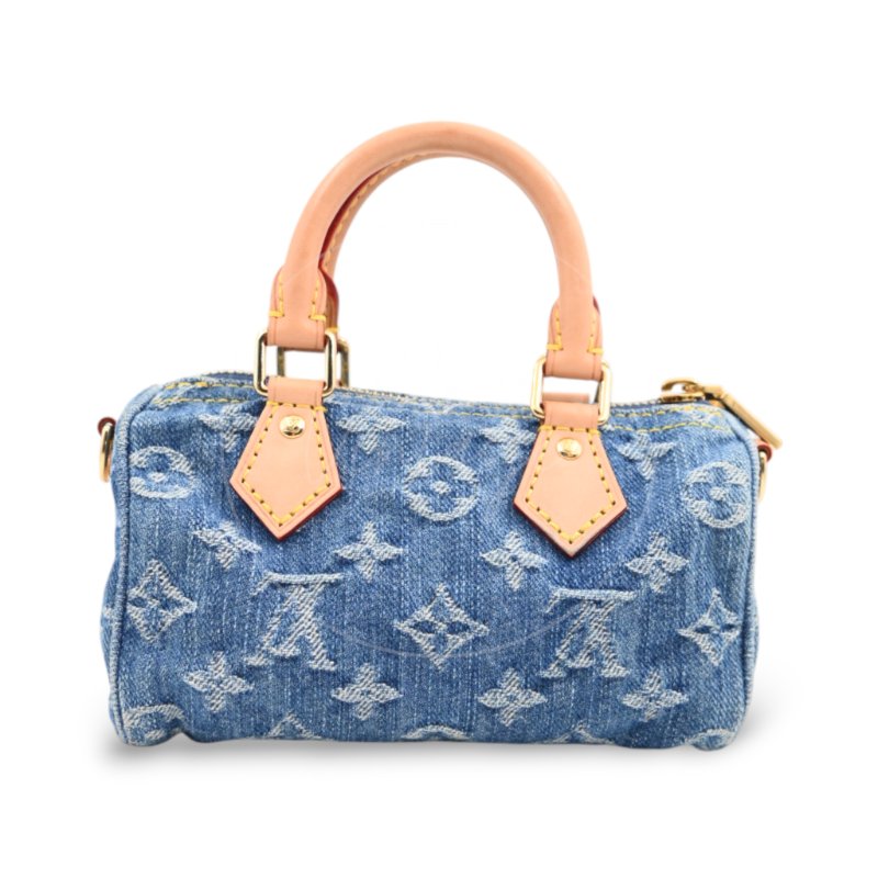 中古 Louis Vuitton 路易威登 LV Nano Speedy 牛仔藍金色五金 M82950 雙用斜挎手袋-6