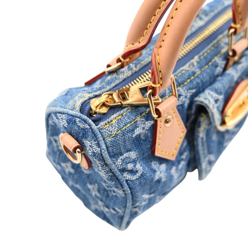 中古 Louis Vuitton 路易威登 LV Nano Speedy 牛仔藍金色五金 M82950 雙用斜挎手袋-21