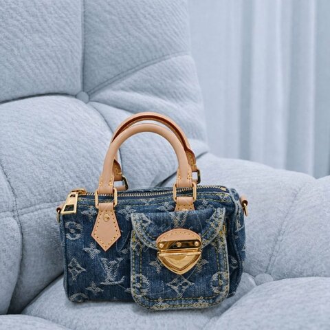 中古 Louis Vuitton 路易威登 LV Nano Speedy 牛仔藍金色五金 M82950 雙用斜挎手袋