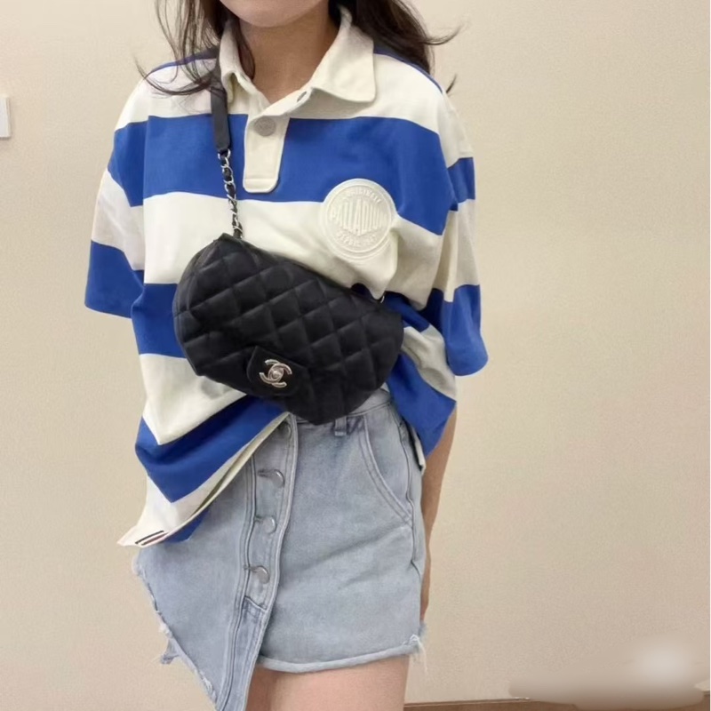 香奈兒菱格紋黑色牛皮腰包胸口員工包芯片款99新-24