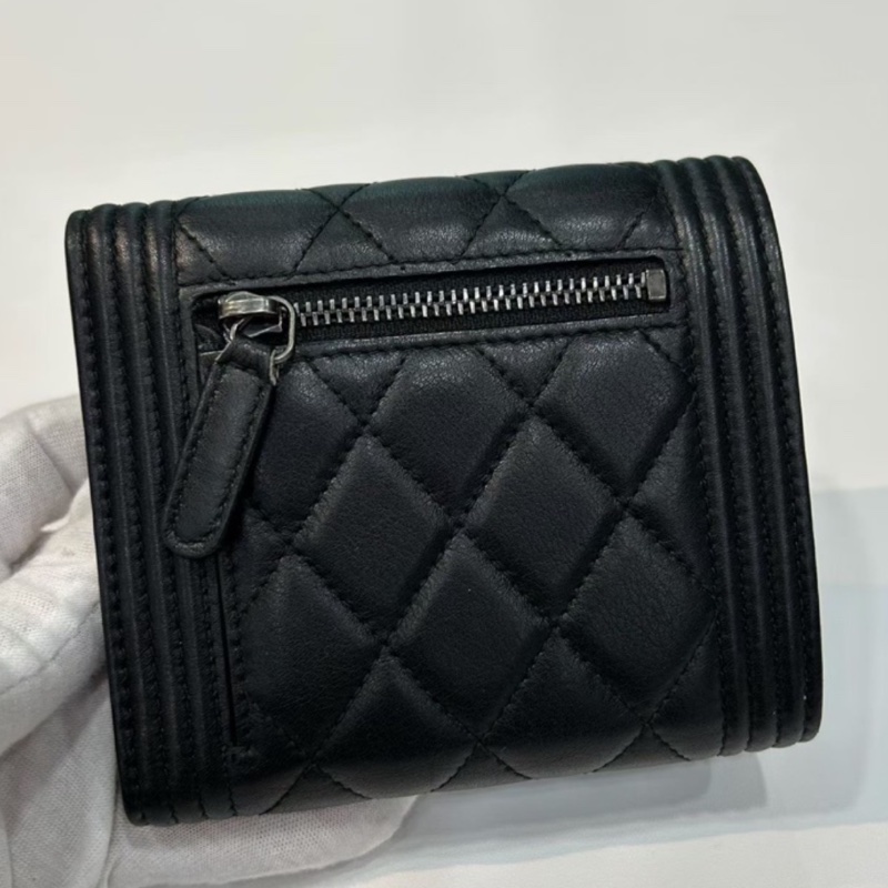 CHANEL香奈兒LeBoy系列黑色荔枝牛皮三折短夾可加鏈條-4