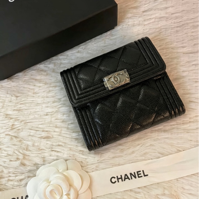 CHANEL香奈兒LeBoy系列黑色荔枝牛皮三折短夾可加鏈條-10