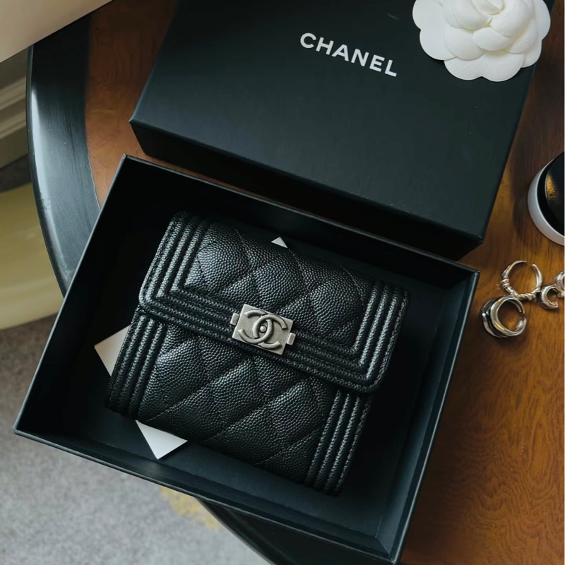 CHANEL香奈兒LeBoy系列黑色荔枝牛皮三折短夾可加鏈條-11