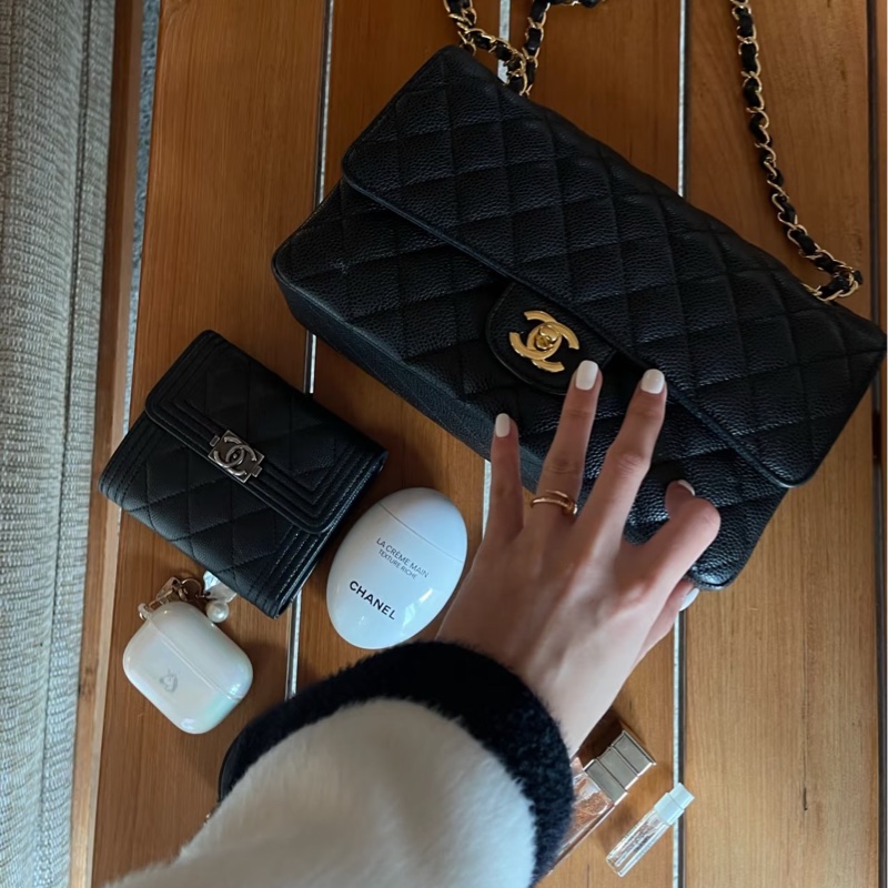 CHANEL香奈兒LeBoy系列黑色荔枝牛皮三折短夾可加鏈條-12