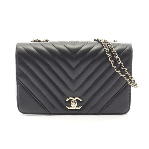 香奈兒 V 字縫線人字紋全翻蓋鏈條肩背包，黑色皮革，金色五金，二手