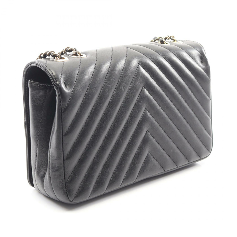 香奈兒 V 字縫線人字紋全翻蓋鏈條肩背包，黑色皮革，金色五金，二手-1