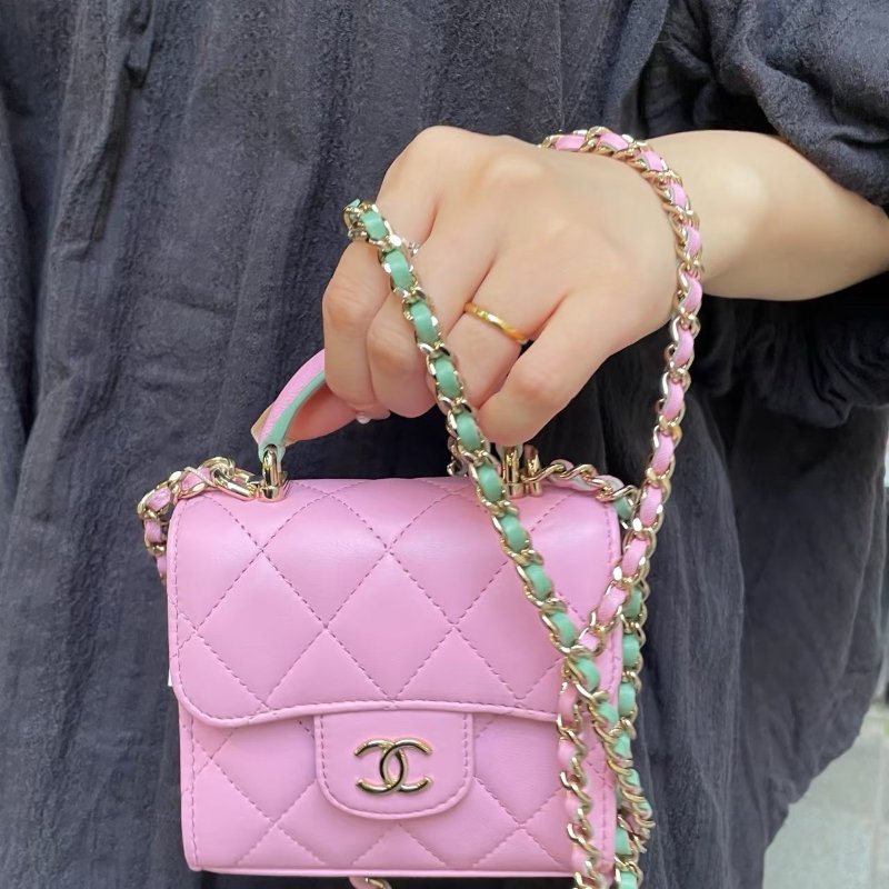 Chanel mini手柄小廢包 新款標 粉色拼綠色羊皮 金扣 11*10*3 98新配件塵袋-1