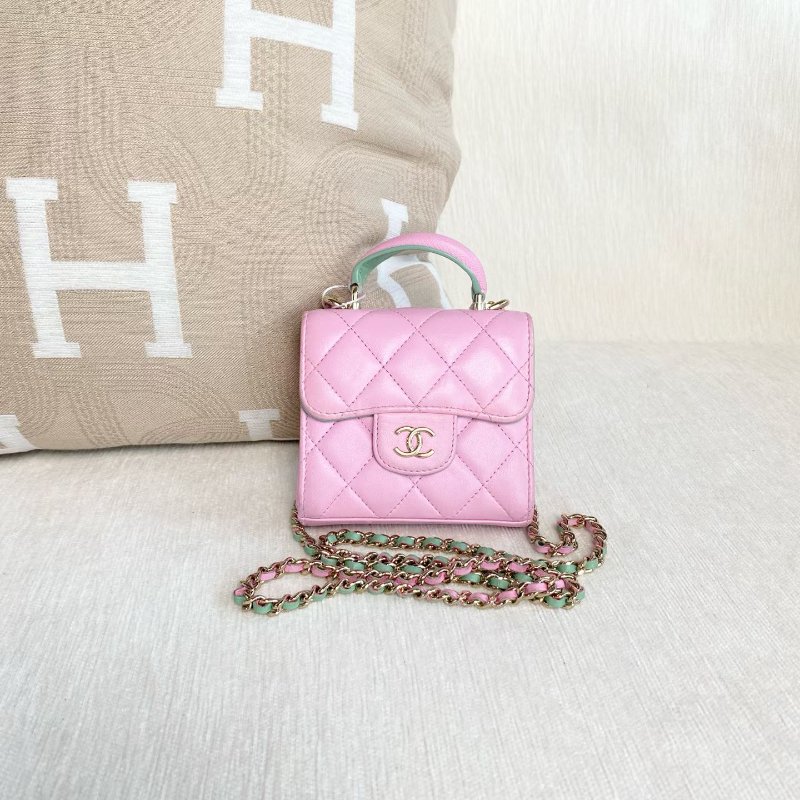 Chanel mini手柄小廢包 新款標 粉色拼綠色羊皮 金扣 11*10*3 98新配件塵袋-2