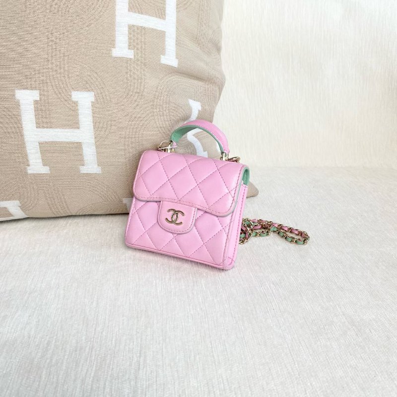 Chanel mini手柄小廢包 新款標 粉色拼綠色羊皮 金扣 11*10*3 98新配件塵袋-3