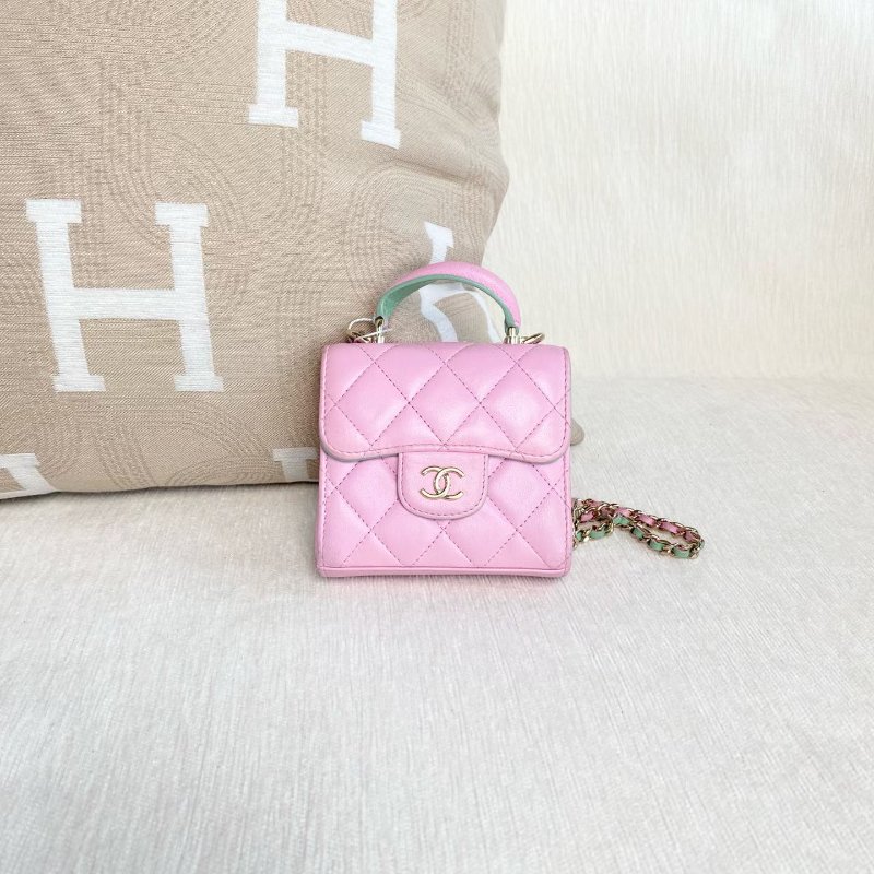Chanel mini手柄小廢包 新款標 粉色拼綠色羊皮 金扣 11*10*3 98新配件塵袋-4