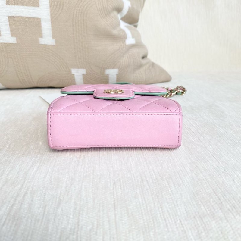 Chanel mini手柄小廢包 新款標 粉色拼綠色羊皮 金扣 11*10*3 98新配件塵袋-5