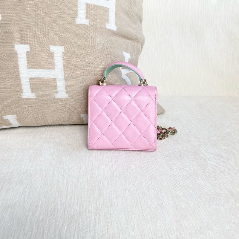 Chanel mini手柄小廢包 新款標 粉色拼綠色羊皮 金扣 11*10*3 98新配件塵袋-7