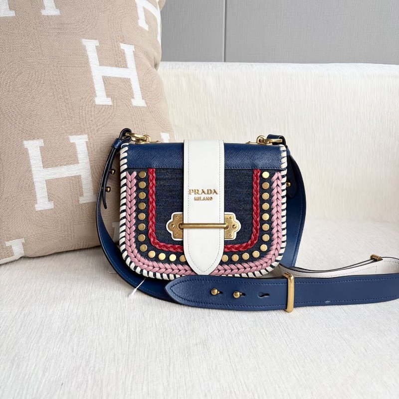 Prada 牛仔拼色小方包 20*16*5   98新配件塵袋-4