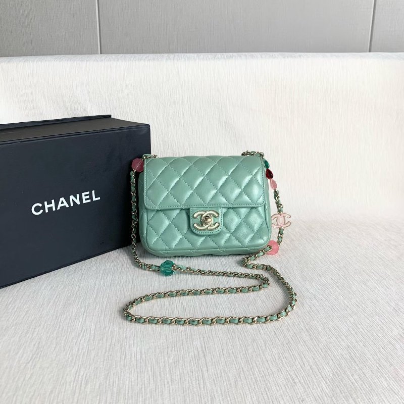 Chanel 23p愛心鏈條方胖子 芯片款 綠色金扣 羊皮 16*12*5 98新配件塵袋 盒子 購證-2