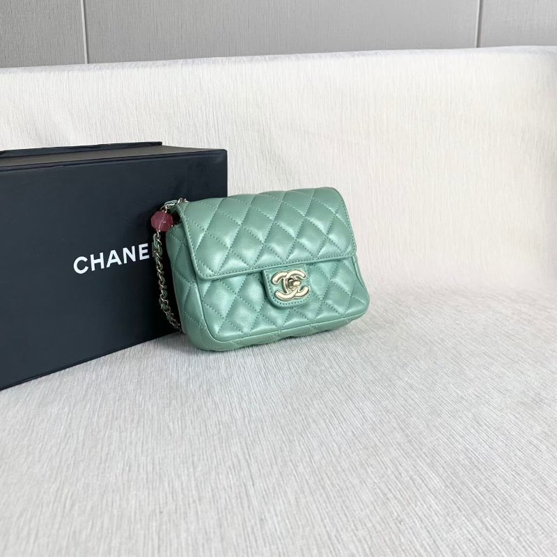 Chanel 23p愛心鏈條方胖子 芯片款 綠色金扣 羊皮 16*12*5 98新配件塵袋 盒子 購證-4