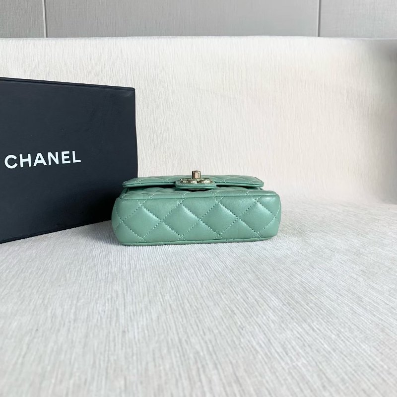 Chanel 23p愛心鏈條方胖子 芯片款 綠色金扣 羊皮 16*12*5 98新配件塵袋 盒子 購證-6
