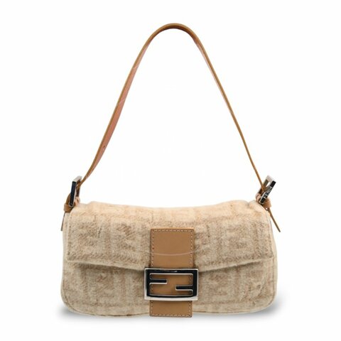 中古 芬迪 Fendi 米色 Beige  Zucca Baguette 法棍包 羊毛與皮革