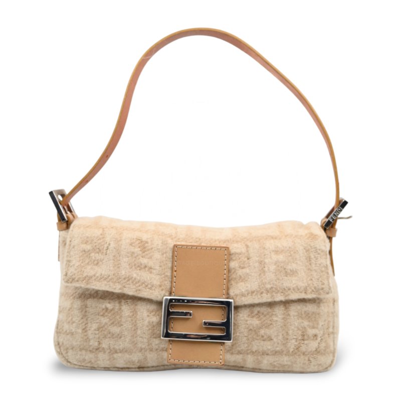 中古 芬迪 Fendi 米色 Beige  Zucca Baguette 法棍包 羊毛與皮革-5