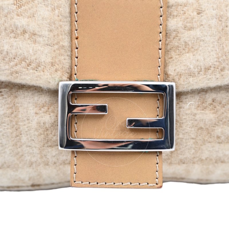 中古 芬迪 Fendi 米色 Beige  Zucca Baguette 法棍包 羊毛與皮革-34
