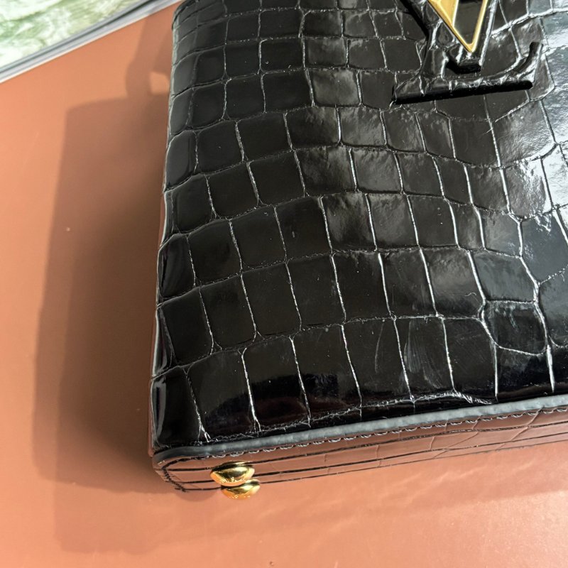 特殊皮革 超甜割愛::LOUIS VUITTON:: LV MINI CAPUCINES 黑色鱷魚皮金釦手提斜背兩用包-4