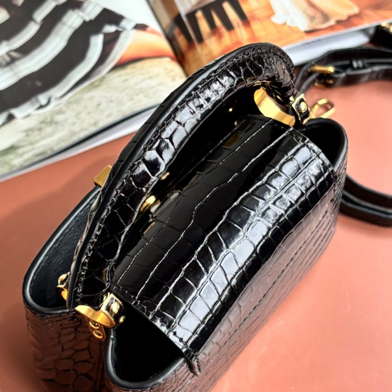 特殊皮革 超甜割愛::LOUIS VUITTON:: LV MINI CAPUCINES 黑色鱷魚皮金釦手提斜背兩用包-7