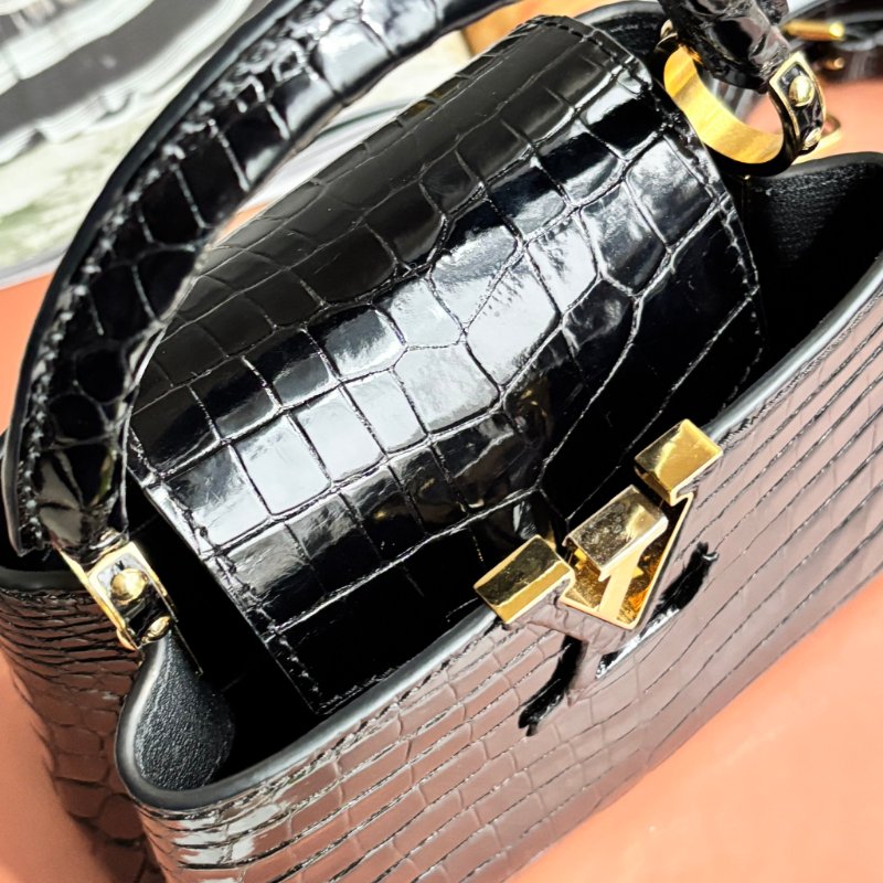 特殊皮革 超甜割愛::LOUIS VUITTON:: LV MINI CAPUCINES 黑色鱷魚皮金釦手提斜背兩用包-9