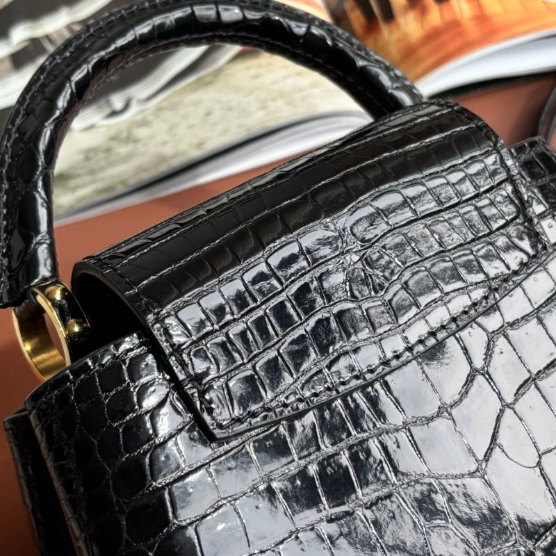 特殊皮革 超甜割愛::LOUIS VUITTON:: LV MINI CAPUCINES 黑色鱷魚皮金釦手提斜背兩用包-11