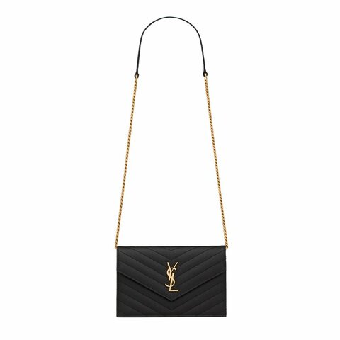 Yves Saint Laurent Cassandre Grained Leather Envelope-Style Chain Wallet for Women in Black - 	857605-BOW01-1000