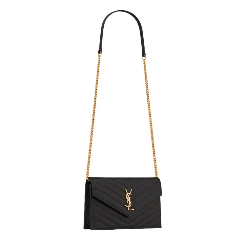 Yves Saint Laurent Cassandre Grained Leather Envelope-Style Chain Wallet for Women in Black - 	857605-BOW01-1000-1