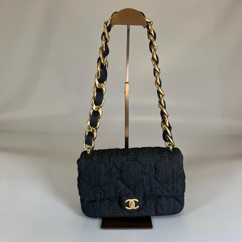 CHANEL 季節款牛仔粗金鍊單肩包 AS3216/晶片款