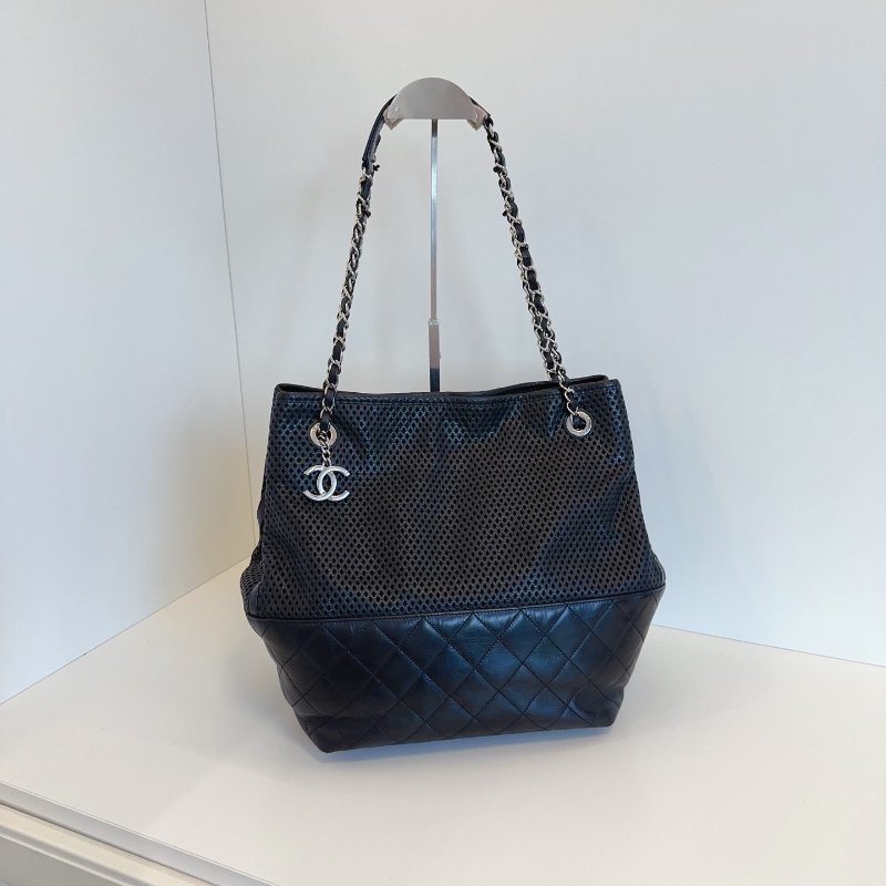 香奈兒/Chanel 黑銀牛皮網格tote 雙鏈水桶托特包-0