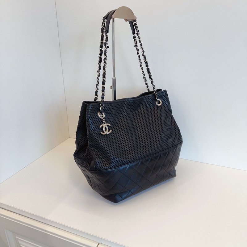 香奈兒/Chanel 黑銀牛皮網格tote 雙鏈水桶托特包-2