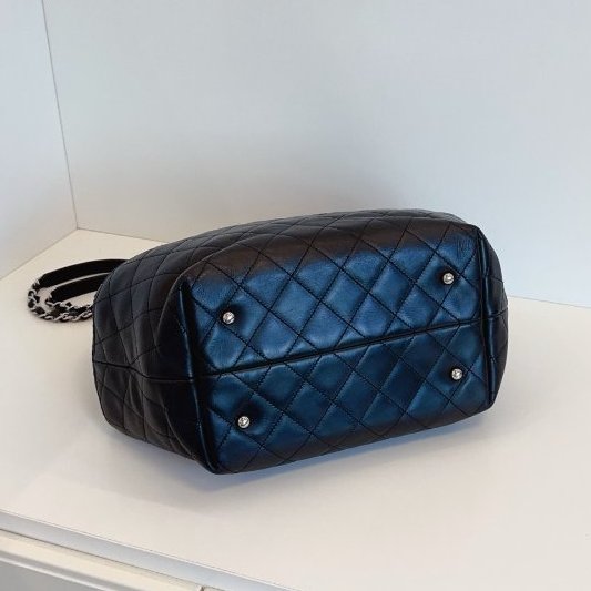 香奈兒/Chanel 黑銀牛皮網格tote 雙鏈水桶托特包-3