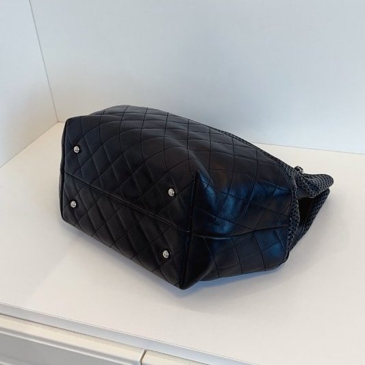 香奈兒/Chanel 黑銀牛皮網格tote 雙鏈水桶托特包-4