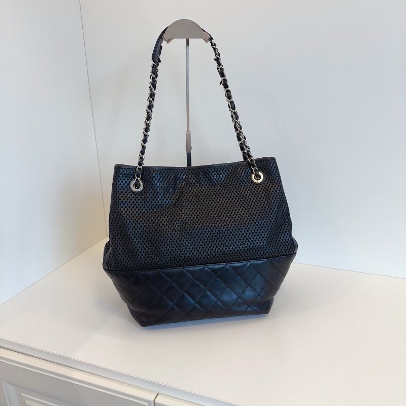 香奈兒/Chanel 黑銀牛皮網格tote 雙鏈水桶托特包-6