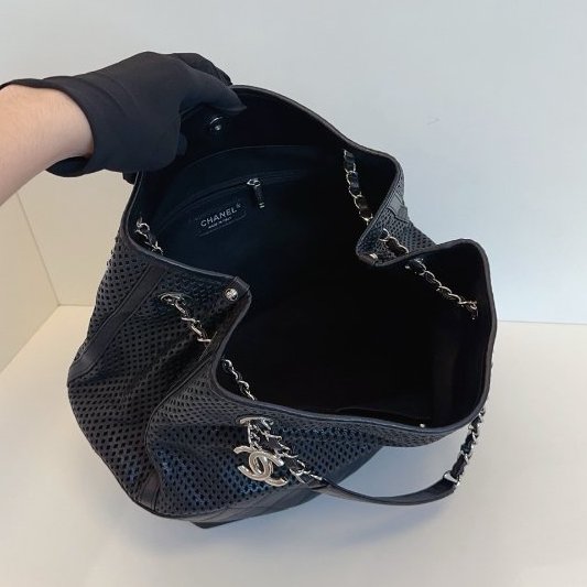 香奈兒/Chanel 黑銀牛皮網格tote 雙鏈水桶托特包-9
