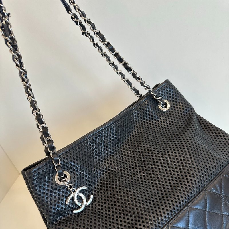 香奈兒/Chanel 黑銀牛皮網格tote 雙鏈水桶托特包-10