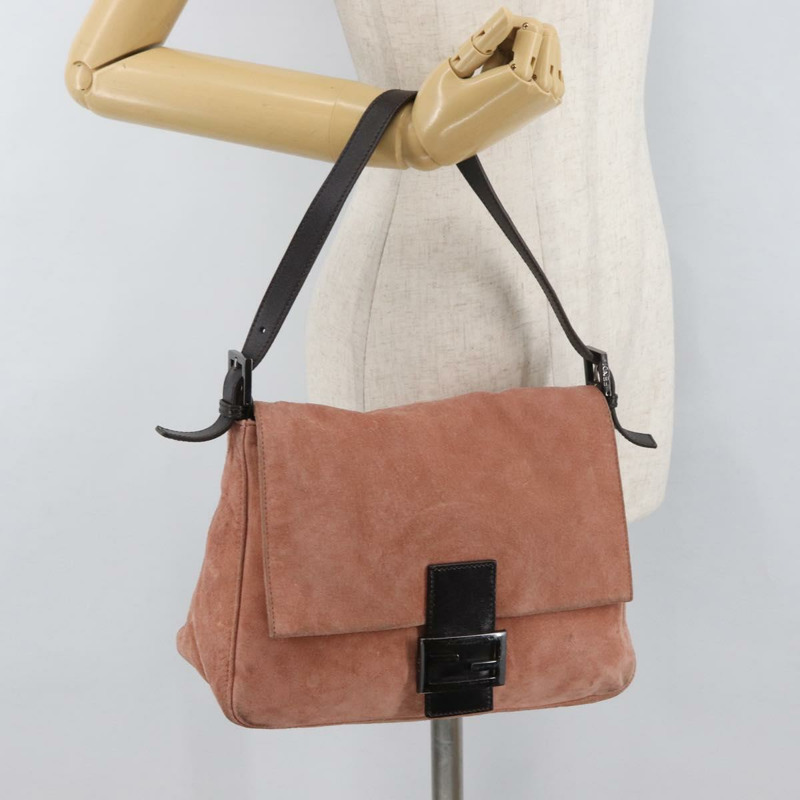 【日本直送】FENDI Mamma Baguette 單肩包 粉紅銀色麂皮 正品 176353A-25