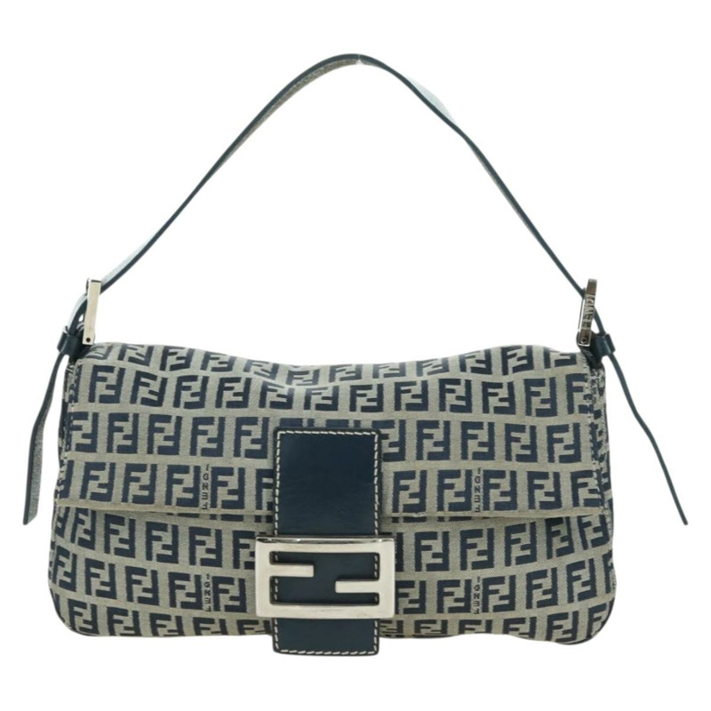 【日本直送】FENDI Zucchino帆布Mamma Baguette單肩包 海軍藍/銀色 正品 176216SAM-12