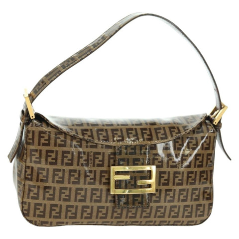 FENDI Zucchino 帆布 Mamma Baguette 包，塗佈帆布，米色金色，正品 175878SAM