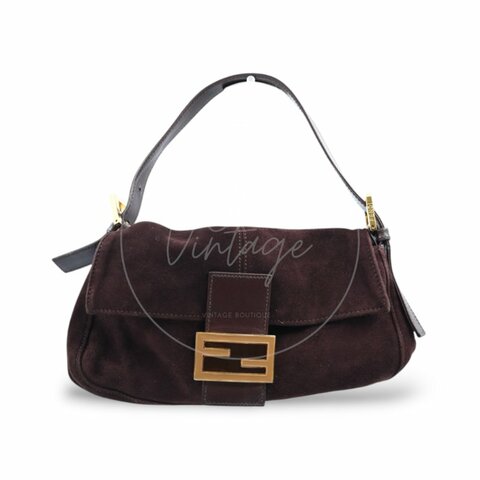 中古 芬迪 Fendi 棕色麂皮 Mamma Suede Mamma Baguette 法棍包  Dark Brown 深棕色手袋
