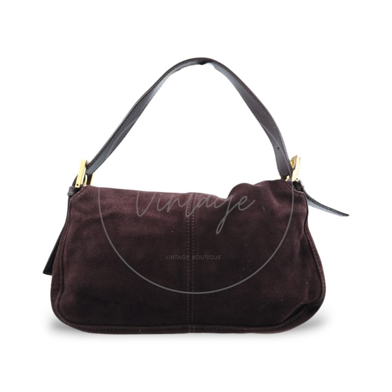 中古 芬迪 Fendi 棕色麂皮 Mamma Suede Mamma Baguette 法棍包  Dark Brown 深棕色手袋-1