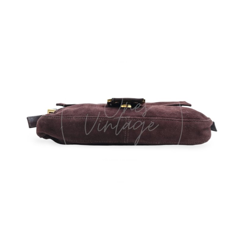 中古 芬迪 Fendi 棕色麂皮 Mamma Suede Mamma Baguette 法棍包  Dark Brown 深棕色手袋-4