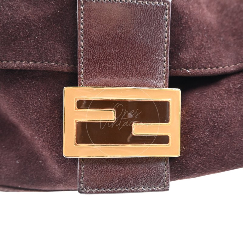 中古 芬迪 Fendi 棕色麂皮 Mamma Suede Mamma Baguette 法棍包  Dark Brown 深棕色手袋-16