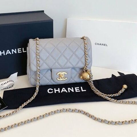 近新品 香奈兒/Chanel 灰色金球方胖子 金珠鏈條包