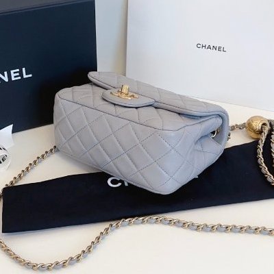 近新品 香奈兒/Chanel 灰色金球方胖子 金珠鏈條包-4